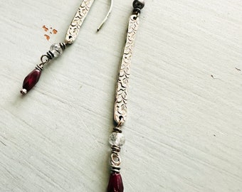 sterling silver bar earrings with garnets and peacock pearls . long boho dangle earrings by peacesofindigo