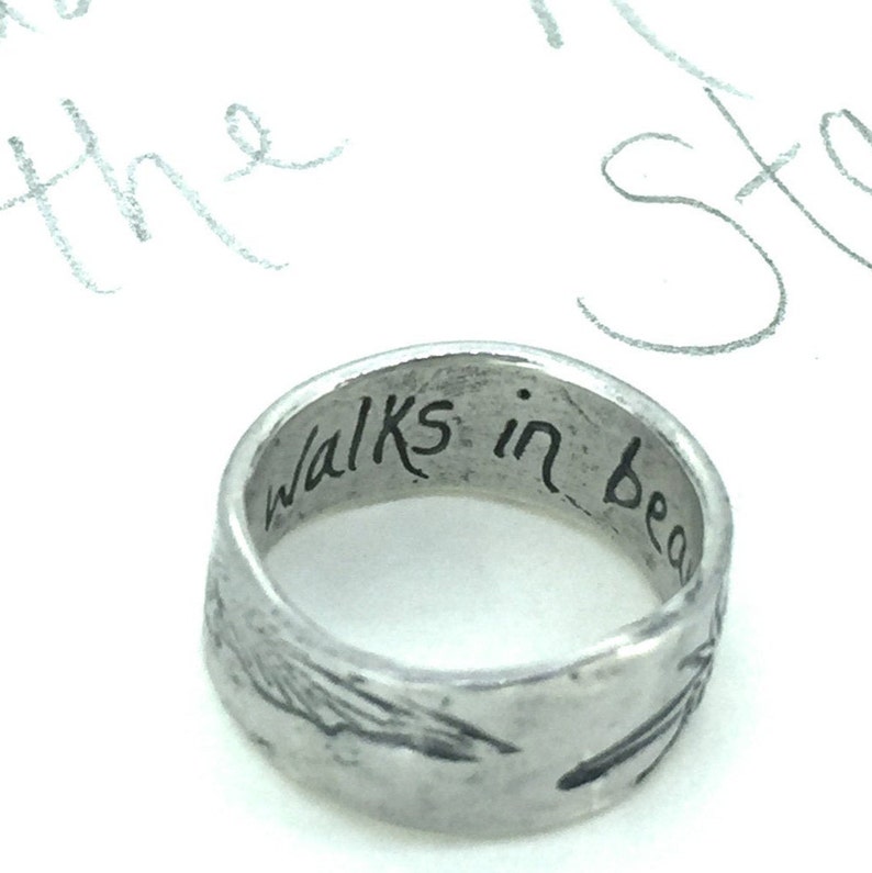 boho feather inspirational quote ring . sterling silver she walks in beauty secret message ring . ready to ship size 4 5 6 7 image 4