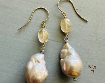 large AAA baroque pearl and rutilated quartz dangle earrings in 14k gold and sterling silver by peacesofindigo
