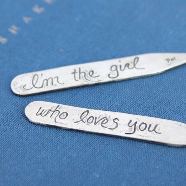 sterling silver collar stays . wedding day love token . secret message woodgrain collar stays . valentine gift for men him by peacesofindigo