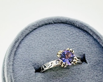 bohemian purple spinel engagement ring with engraved vine band by peacesofindigo . ready to ship size 7.5