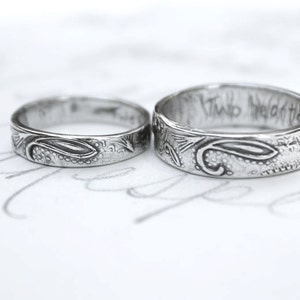 bohemian paisley wedding band ring set . custom recycled sterling silver wedding rings with handwritten inscription . textured wedding rings image 4