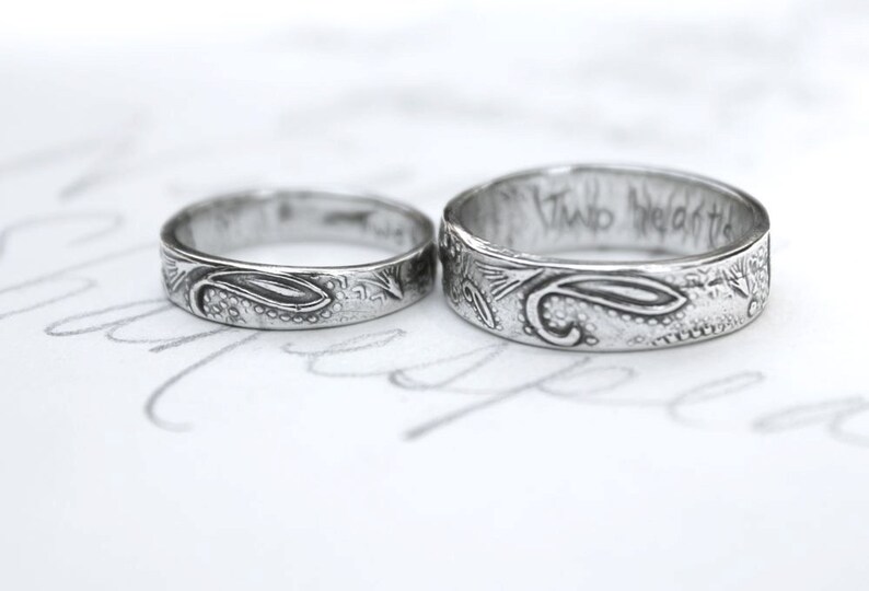 bohemian paisley wedding band ring set . custom recycled sterling silver wedding rings with handwritten inscription . textured wedding rings image 4