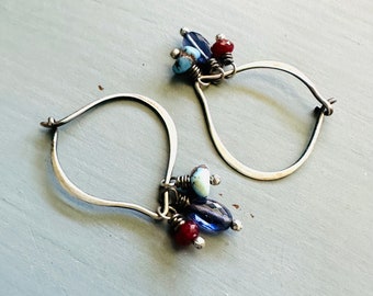 ruby turquoise and iolite dangle sterling silver hoop earrings by peacesofindigo