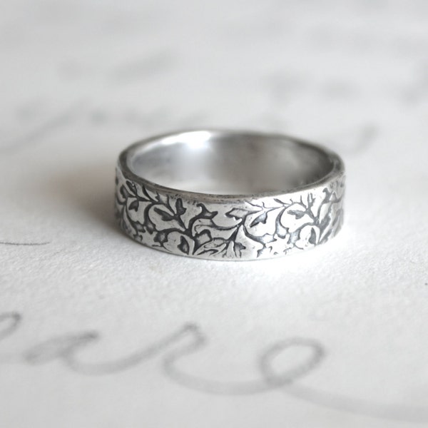 unisex wedding band ring . engraved recycled silver ring . thick silver vine leaf wedding rings . wedding bands by peacesofindigo