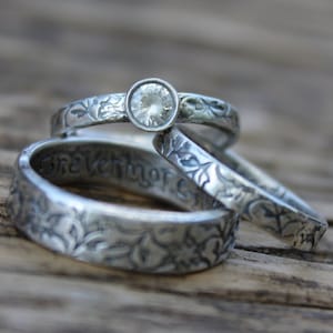 white sapphire engagement ring and wedding band ring set . engraved vine ring set . rustic recycled silver wedding rings by peacesofindigo image 3