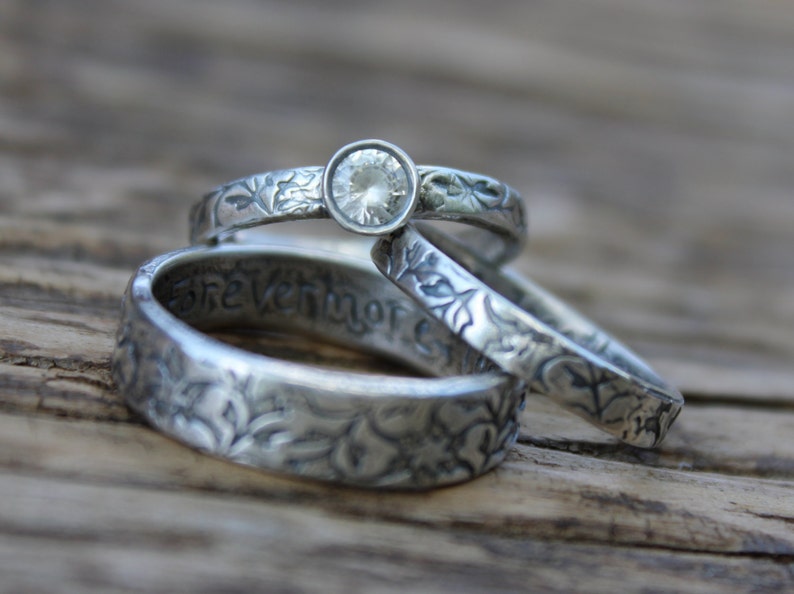 white sapphire engagement ring and wedding band ring set . engraved vine ring set . rustic recycled silver wedding rings by peacesofindigo image 3
