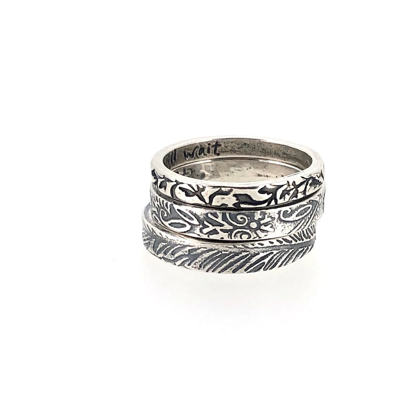 purity ring . true love will wait ring . vine paisley or feather engraved promise ring by peacesofindigo . ready to ship size 5 6 7 8 image 2