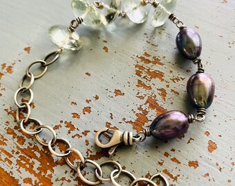 Reserved for the fabulous A . bohemian chunky prasiolite gemstone and peacock pearl bracelet #1 by peacesofindigo