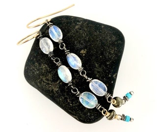 boho rainbow moonstone and turquoise gemstone earrings by peaces of indigo . ready to ship gift idea