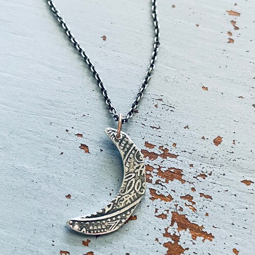 Sterling silver crescent moon necklace . paisley moon pendant . shops handmade jewelry by peaces of indigo