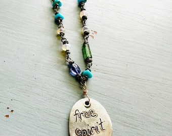 free spirit quote charm necklace with opals and turquoise . ready to ship gift for her