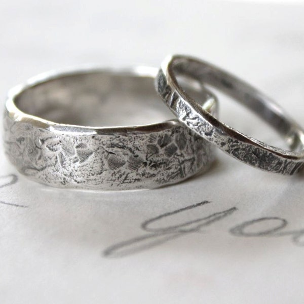 rustic wedding band ring set . custom recycled silver wedding rings . engraved inscription . river rock wedding rings