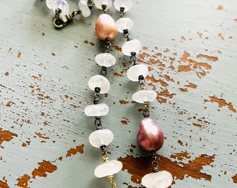chunky rainbow moonstone and large baroque pearl necklace by Peaces of Indigo