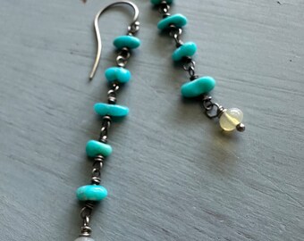 long sterling silver turquoise nugget and opal earrings by peaces of indigo