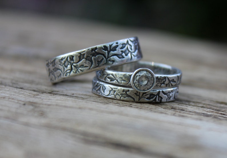 white sapphire engagement ring and wedding band ring set . engraved vine ring set . rustic recycled silver wedding rings by peacesofindigo image 2