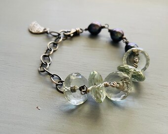 bohemian chunky prasiolite gemstone and peacock pearl bracelet #3 by peacesofindigo