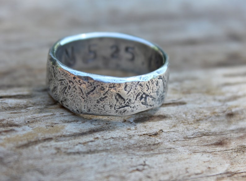 Wide mens wedding ring band . rustic silver river rock