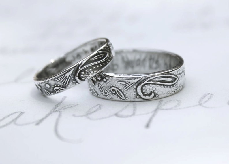 bohemian paisley wedding band ring set . custom recycled sterling silver wedding rings with handwritten inscription . textured wedding rings image 1