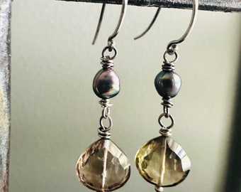 sterling silver lemon smoky quartz and peacock pearl dangle earrings by peacesofindigo