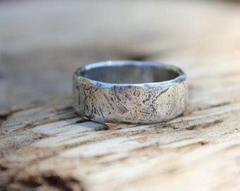 wide mens womens wedding ring . sterling silver wedding band . rustic river rock ring . engraved personalized wedding ring