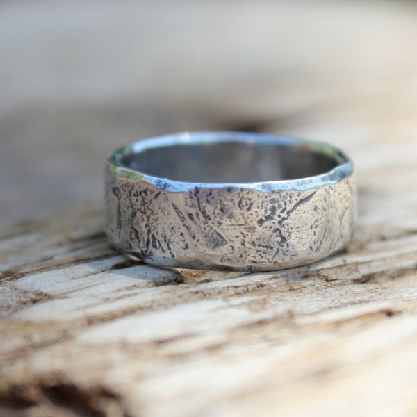 wide mens womens wedding ring . sterling silver wedding band . rustic river rock ring . engraved personalized wedding ring