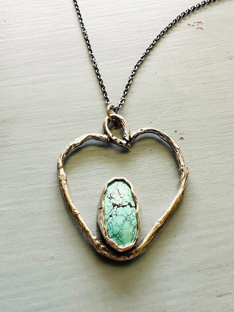 Blue moon turquoise and twig heart necklace . sterling silver statement necklace handcrafted by peacesofindigo image 1
