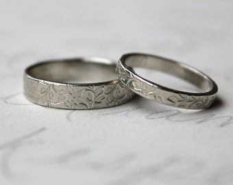 14k gold wedding band ring set . engraved vine leaf wedding bands rings . handmade rings by peacesofindigo