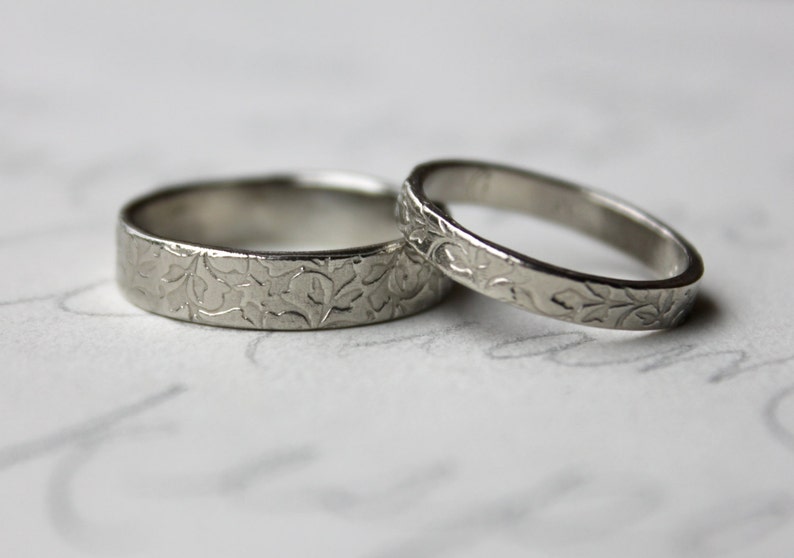 Rustic vine wedding band ring set . 14k white gold leaf vine Etsy