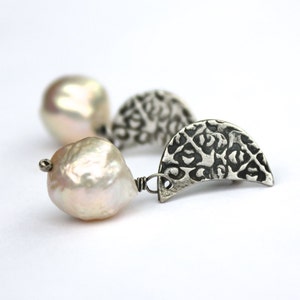 nucleated asteroid pearl earrings with crescent moon posts . tudor rose post earrings . bridal pearl drop earrings image 4