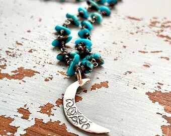 Egyptian turquoise necklace with crescent moon pendant . ready to ship gift for her . handmade jewelry by peacesofindigo