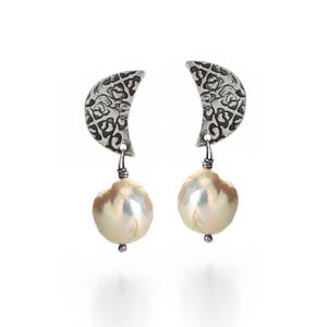 nucleated asteroid pearl earrings with crescent moon posts . tudor rose post earrings . bridal pearl drop earrings image 1