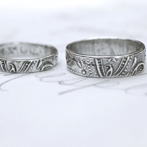 bohemian paisley wedding band ring set . custom recycled sterling silver wedding rings with handwritten inscription . textured wedding rings image 3