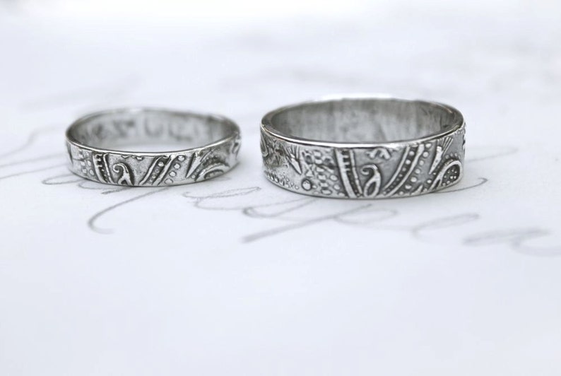 bohemian paisley wedding band ring set . custom recycled sterling silver wedding rings with handwritten inscription . textured wedding rings image 3