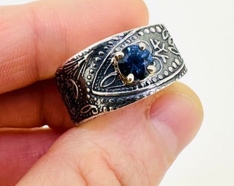 wide sterling silver paisley ring with blue spinel gemstone by peacesofindigo . ready to ship size 7