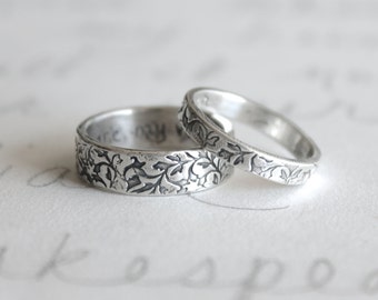 rustic engraved vine wedding band ring set . happily ever after wedding rings . romantic wedding rings by peacesofindigo