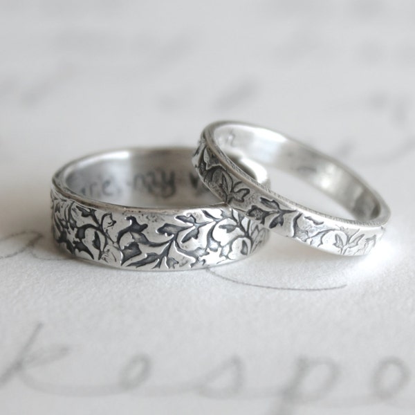 rustic engraved vine wedding band ring set . happily ever after wedding rings . romantic wedding rings by peacesofindigo