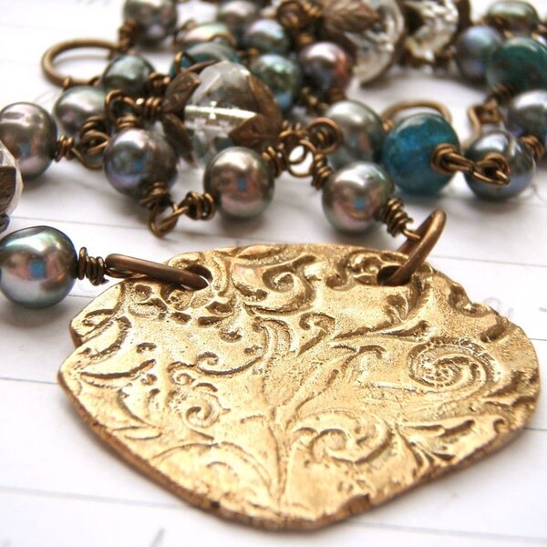 rumi necklace - wire wrapped peacock pearls, apatite, glass, bronze pendant