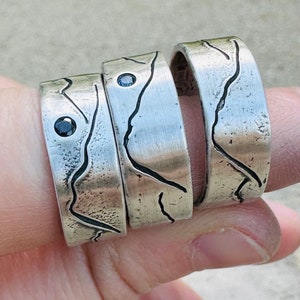 rustic mountain wedding band ring . engraved sterling silver mountain landscape band by peacesofindigo . size 4 5 6 7 8 9 10 11 12 image 5