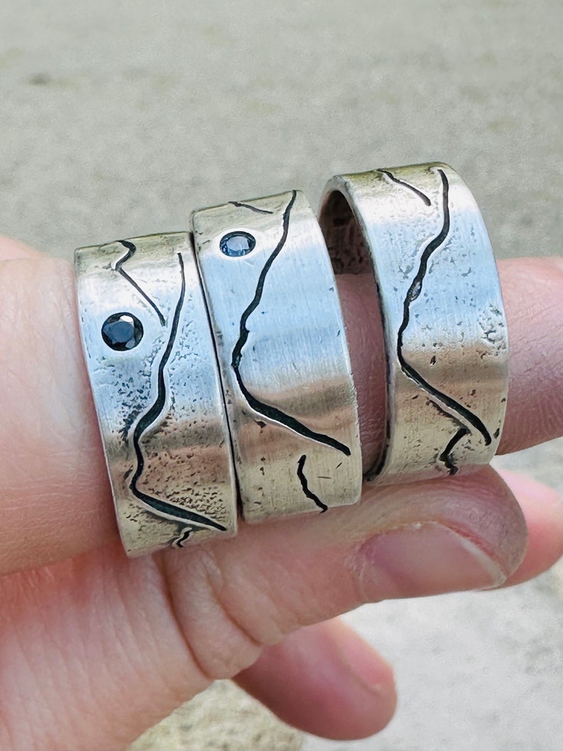 rustic mountain wedding band ring . engraved sterling silver mountain landscape band by peacesofindigo . size 4 5 6 7 8 9 10 11 12 image 5