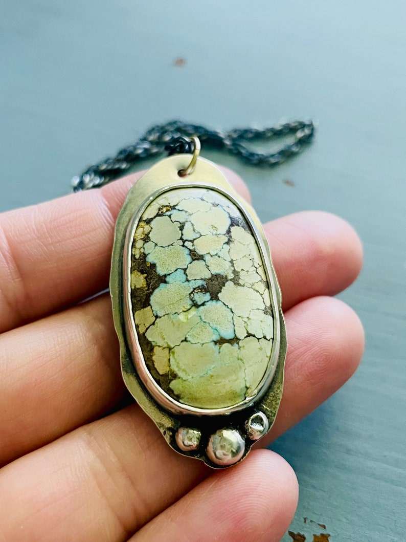 rare yellow turquoise and sterling silver necklace . large turquoise pendant statement necklace by peacesofindigo image 5