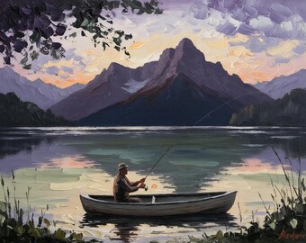 Solitary Fisherman at Dusk - Oil Painting - Digital Download