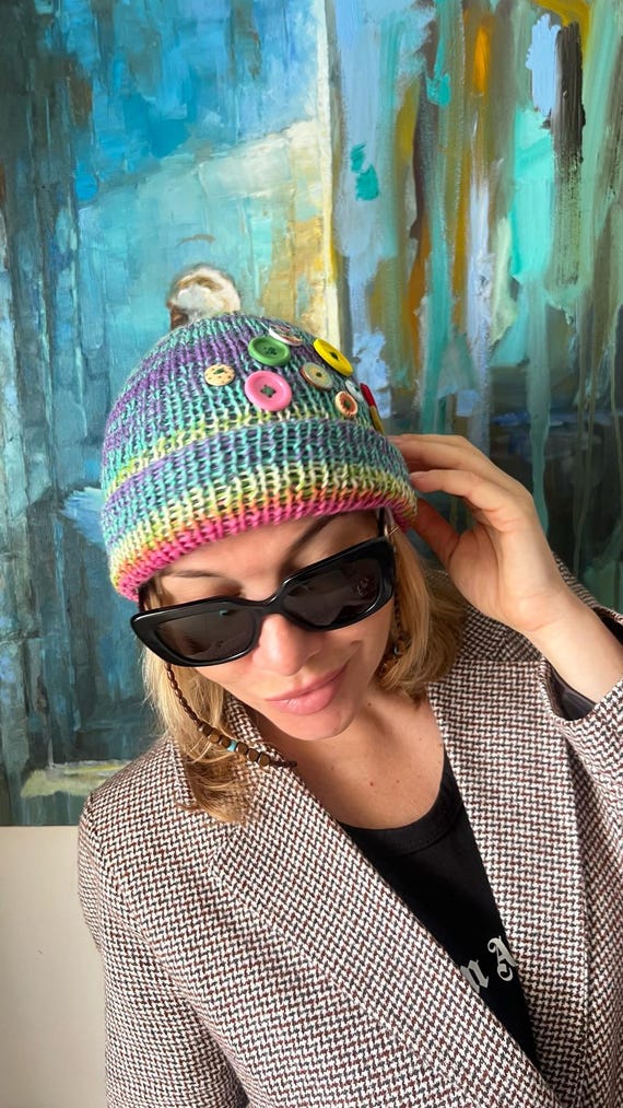 Stylish Multicolor Knit Women\'s Hat Hand Knit Beanie Hat Long Slouch Multicolor Designer Fashion  main image 4