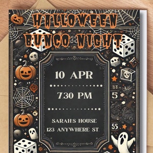 Halloween BUNCO Party Invitation Digital Template | Customizable Dice Game Night Invite | Printable Girls’ Night Out Bunco Game Cards