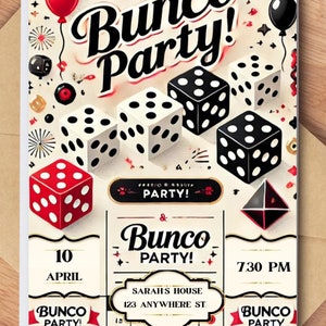 Bewerkbare sjabloon voor digitale BUNCO-feestuitnodiging | Aanpasbare uitnodiging voor game-avond dobbelstenen | Afdrukbare Bunco Game Card voor avondje uit voor meisjes