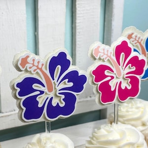 Tropical Hawaiian Beach Flower Cupcake Toppers - Luau Party Decorations, Hibiscus Cupcake Picks, Summer Theme Party Supplies (12 count)