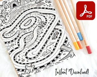 Printable Race Track Coloring Posters for Kids, 10 Giant Printable Activity Sheets (Race Car, Space, Dinosaurs, Jungle, Princess), DIY Fun