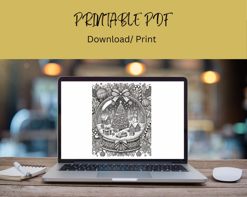 May include: A laptop displays a black and white Christmas-themed coloring page. The image features a snow globe design with a decorated Christmas tree, snowman, and gifts. The text "PRINTABLE PDF Download/ Print" is at the top.