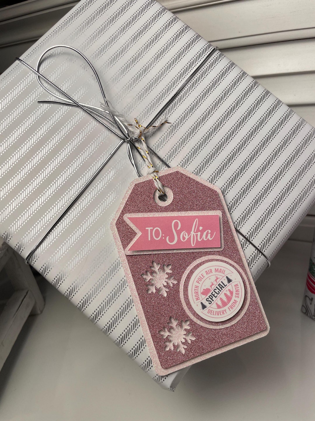 Pink Christmas Decorations Name Tags Personalized, Custom Holiday Gift