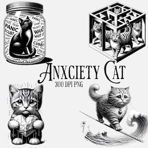 Anxious Cat Art-bundel – 6 emotionele mentale gezondheidsafdrukken | Digitale png-download | Muurkunst kattenangst | Zelfzorgdecor met hoge resolutie